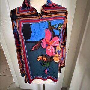 Esprit Women’s Medium Scarf Print Top Black Floral Art To Wear Boho Maximalist